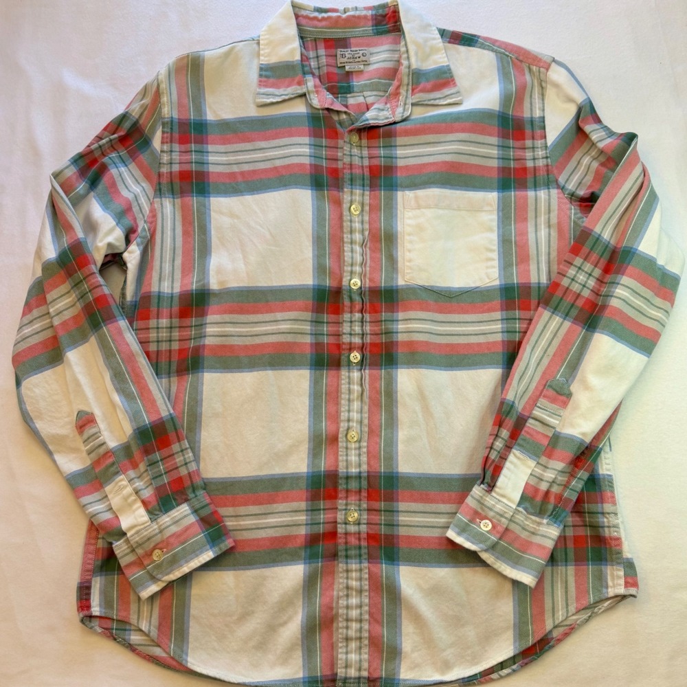 J.Crew Flannel Long Sleeve‎ Button Down Men's L White Red Green Preppy Classic